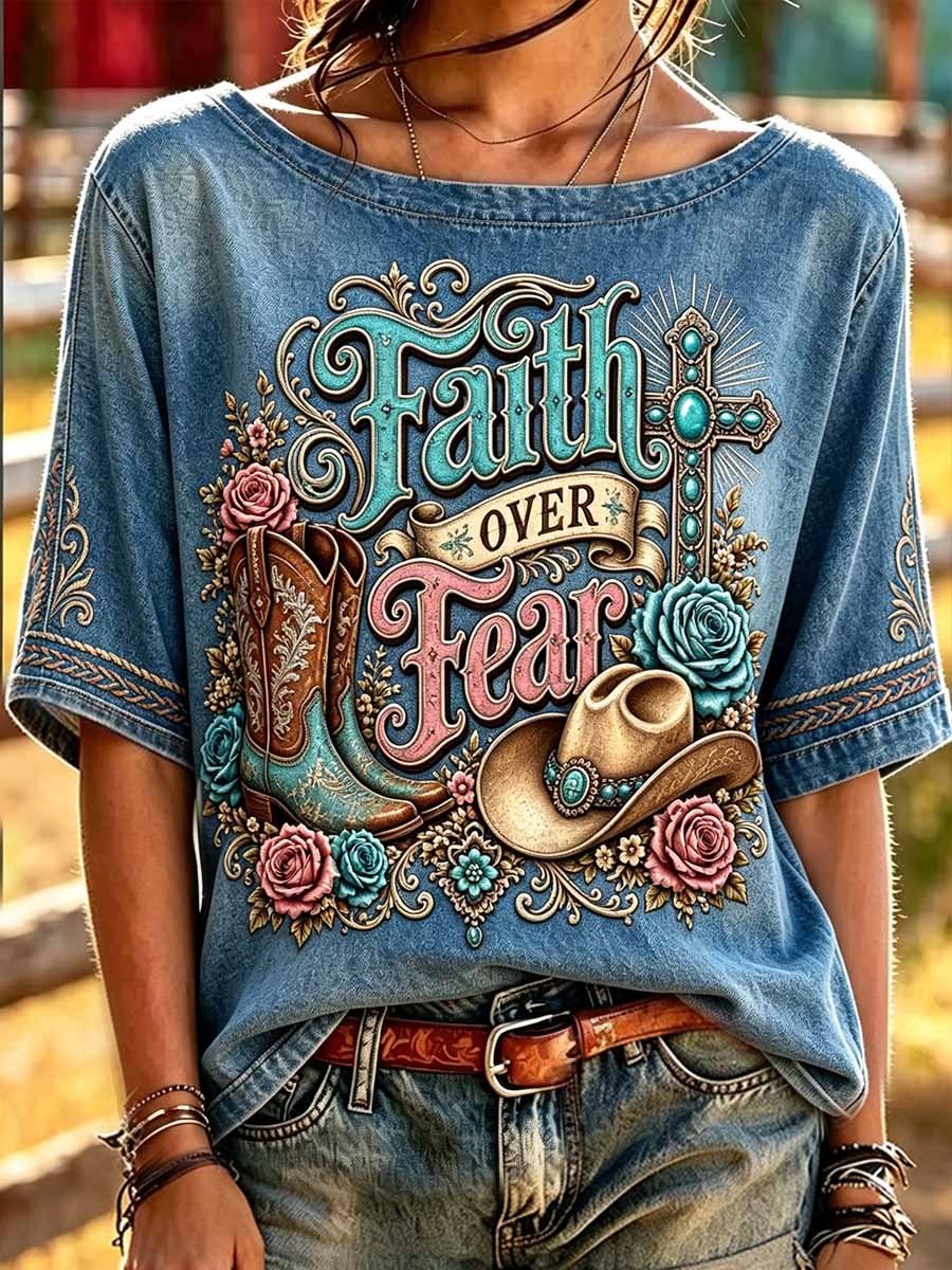 Women's Retro Western Cross Pattern Printed T-Shirt