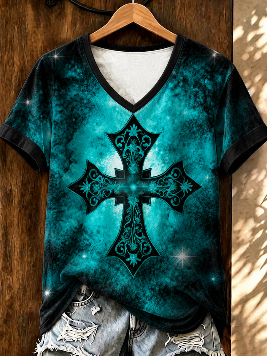 Women's Vintage Western Faith Printed V-neck T-shirt