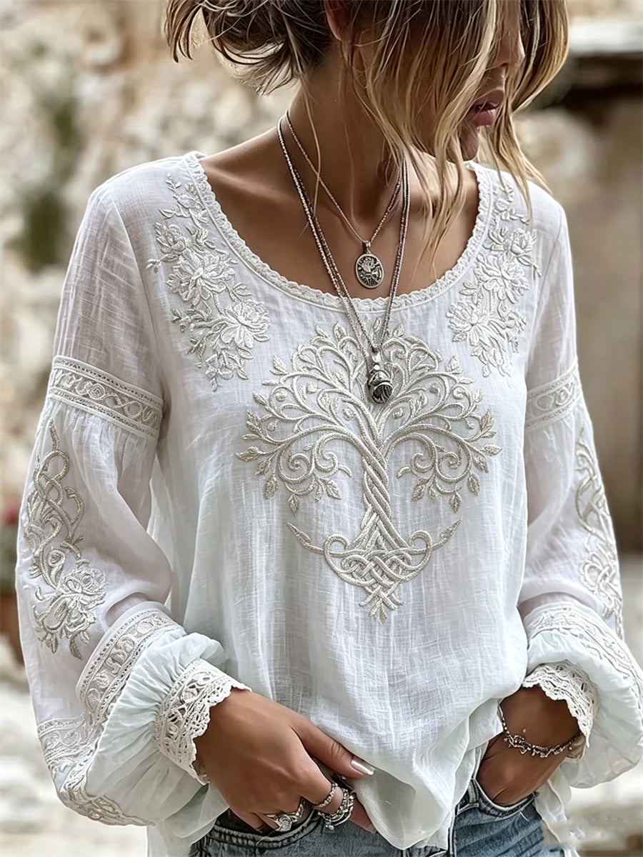 Women's Classy Tree of Life Viking Celtic Knot Lace Floral Print Cotton-Linen Shirt