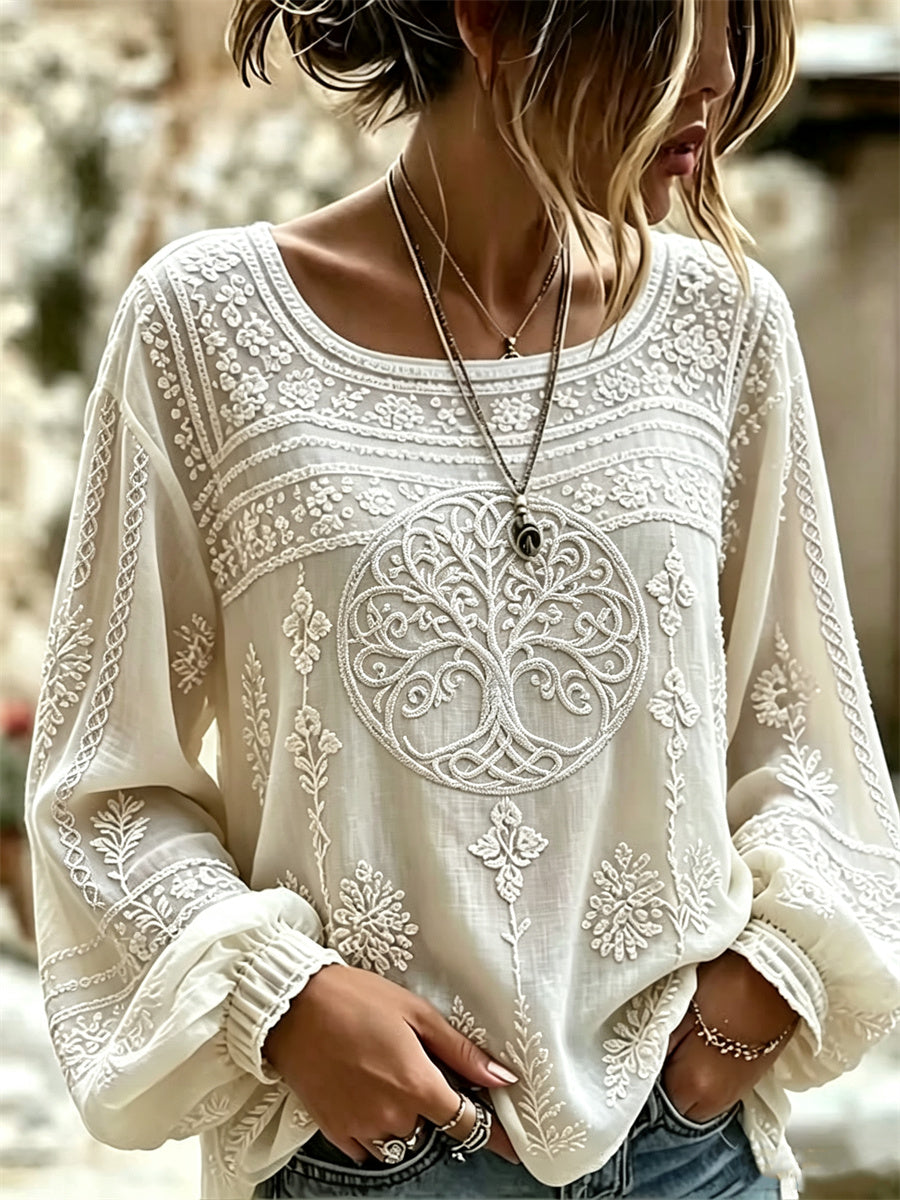 Women's Classy Tree of Life Viking Celtic Knot Lace Floral Print Cotton-Linen Shirt