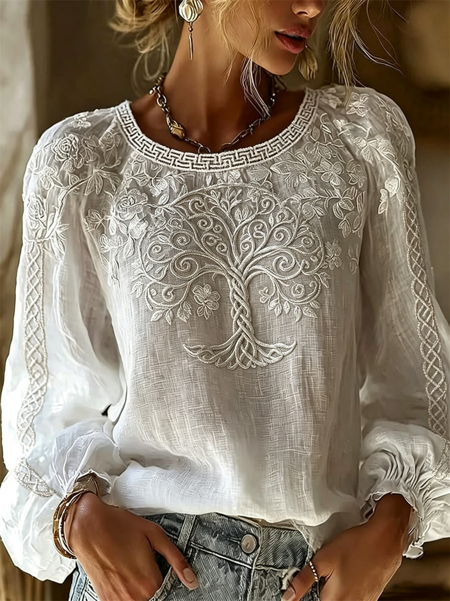 Women's Classy White Floral Tree of Life Viking Celtic Knot Print Cotton-Linen Shirt