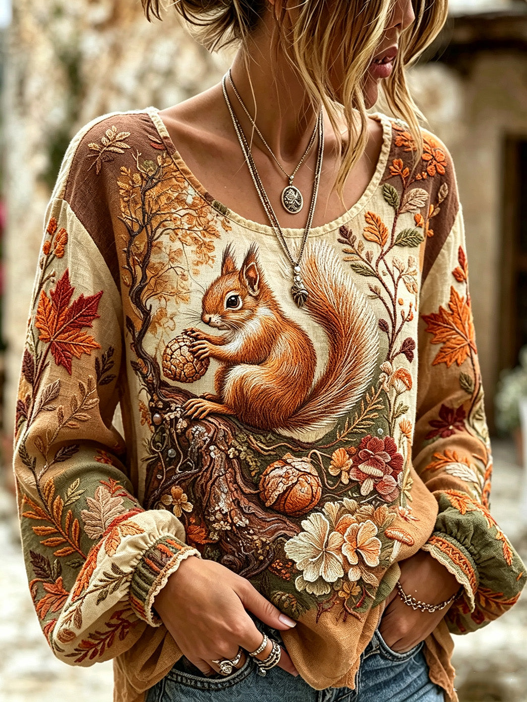 Women's autumn theme animal pattern printed casual cotton and linen shirt