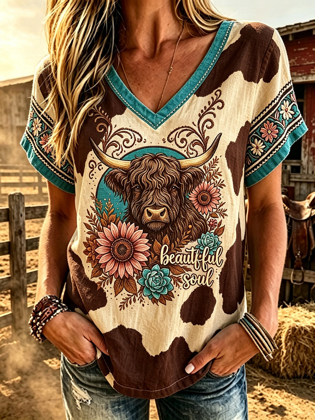 Women's retro western style animal print casual linen short-sleeve T-shirt