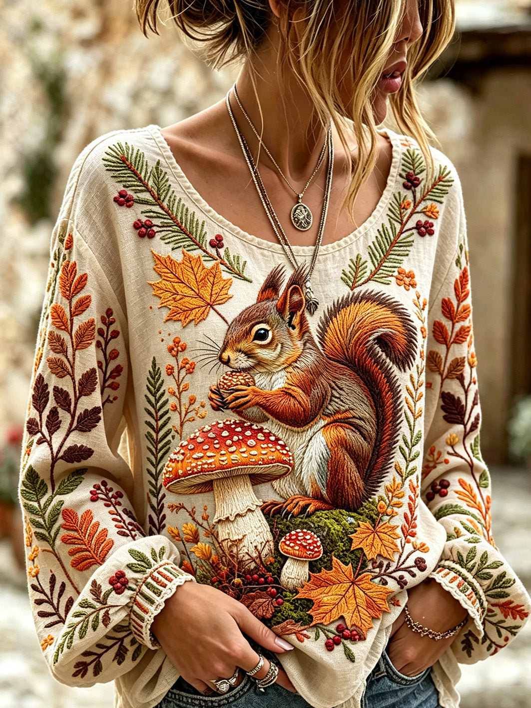 Women's autumn theme animal pattern printed casual cotton and linen shirt