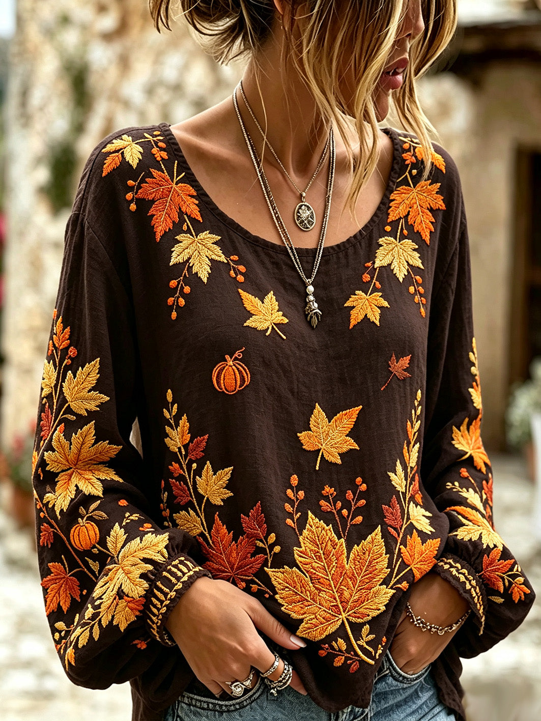 Women's retro autumn maple leaf pattern printed casual cotton and linen shirt