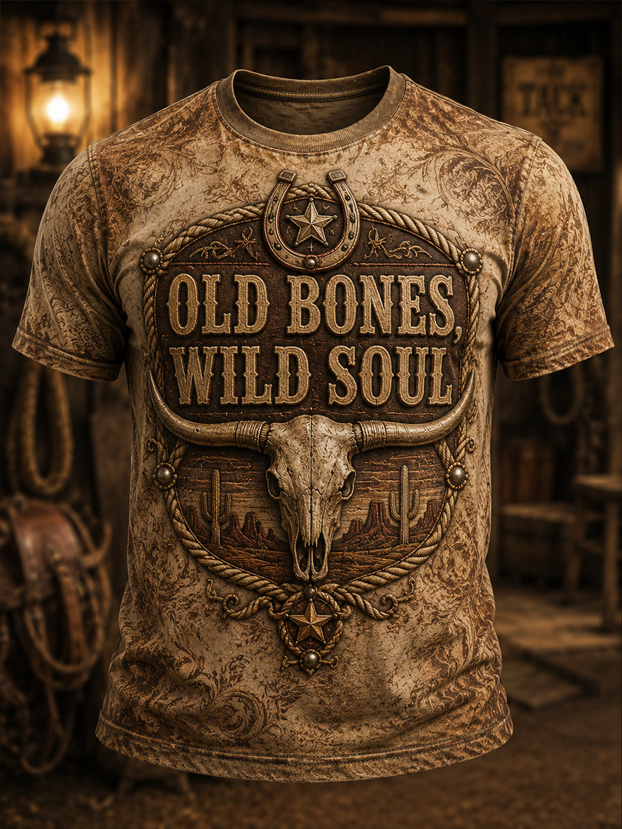 Men's Retro Western Cowboy Skull Graphic Distressed T-Shirt