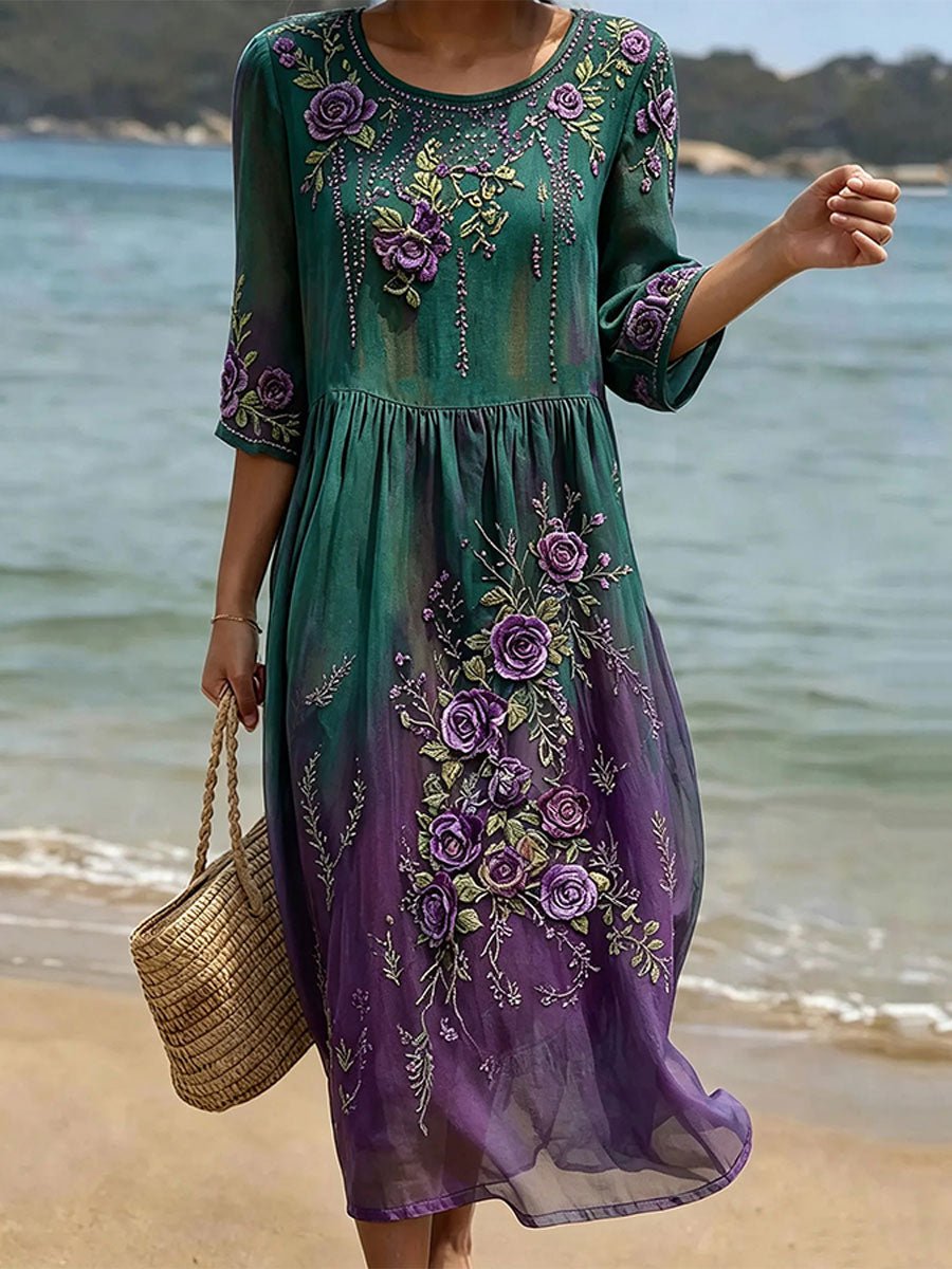 Women's Elegant Floral Cotton Linen Dress