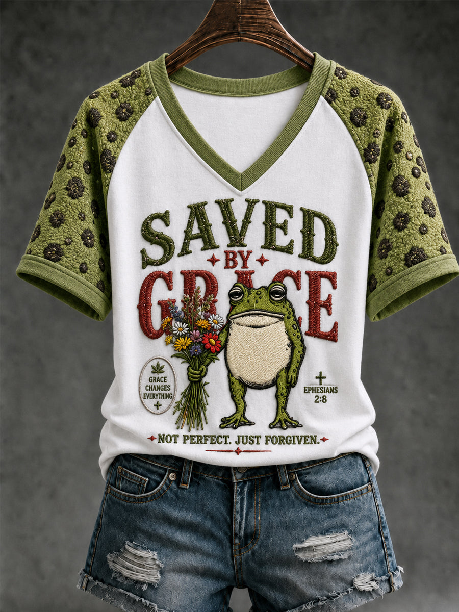 Women's Christian Saved By Grace V-neck Short Sleeve T-shirt