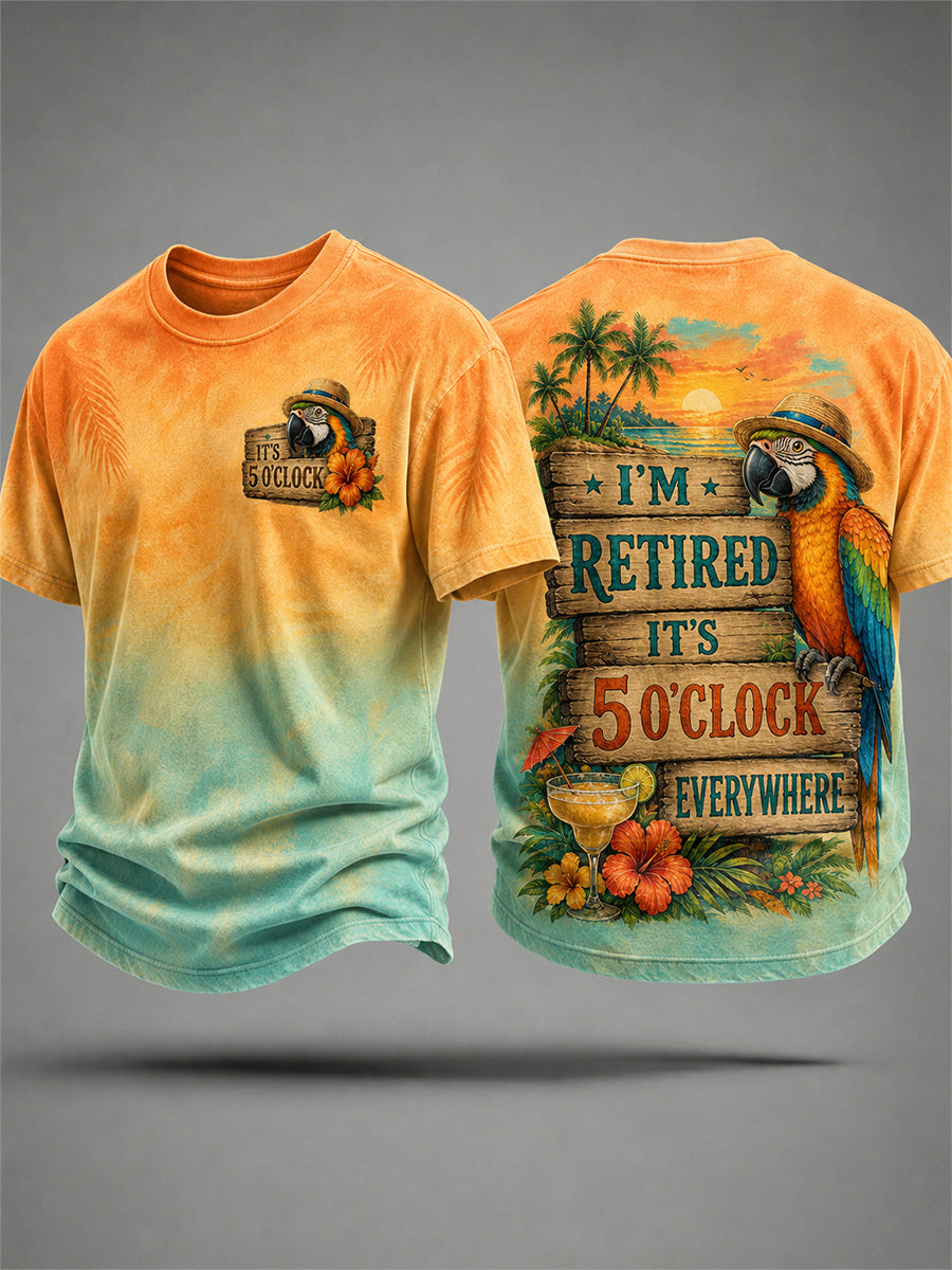 Men's I'm Retired It's 5 O'clock Everywhere Parrot Print Casual Tee
