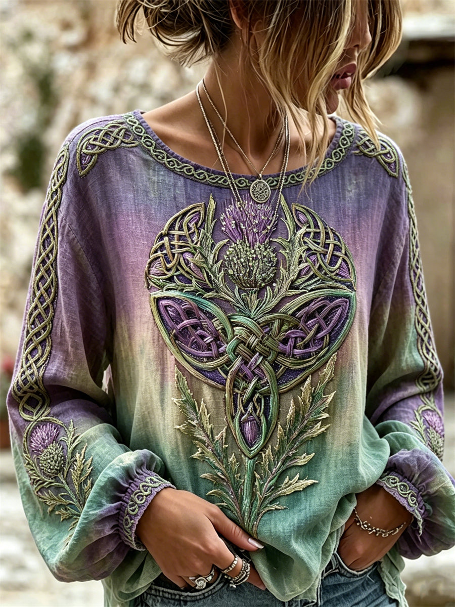 Women's Vintage Thistle Celtic Knot Print Gradient Cotton-Linen Shirt