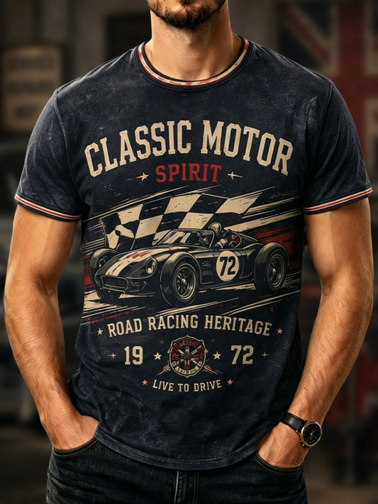 Men's Retro Car Culture Print Casual Tee
