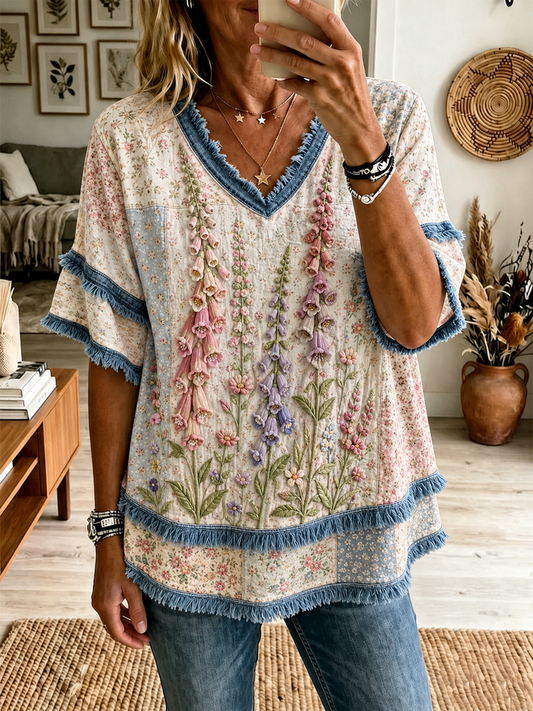 Women's Foxglove floral print Cotton-Linen Shirt