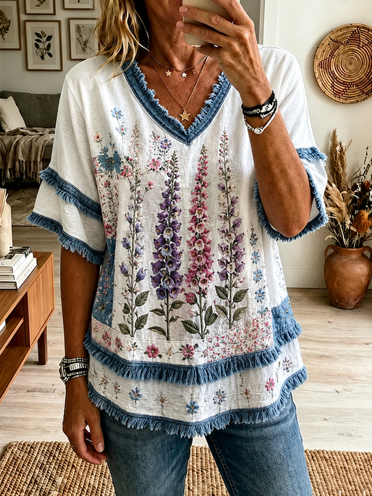 Women's Foxglove floral print Cotton-Linen Shirt