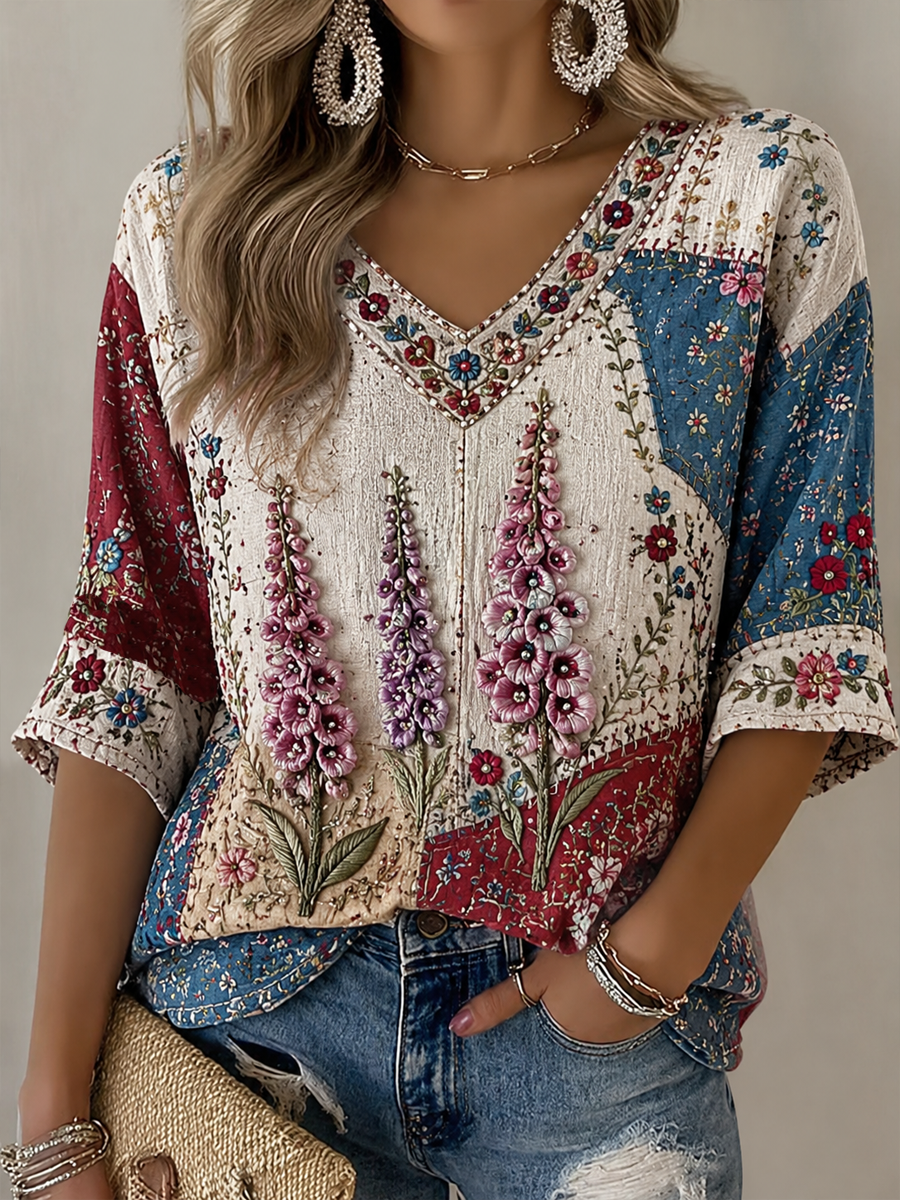 Women's Foxglove floral print Mid-length Sleeves V-Neck T-Shirt