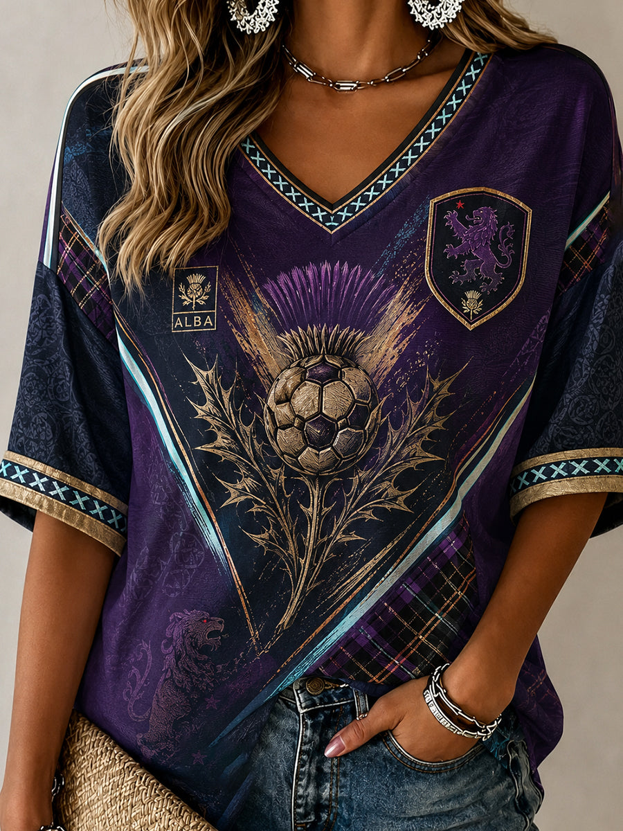 Women's Scotland Football Pattern Linen V-Neck Shirt