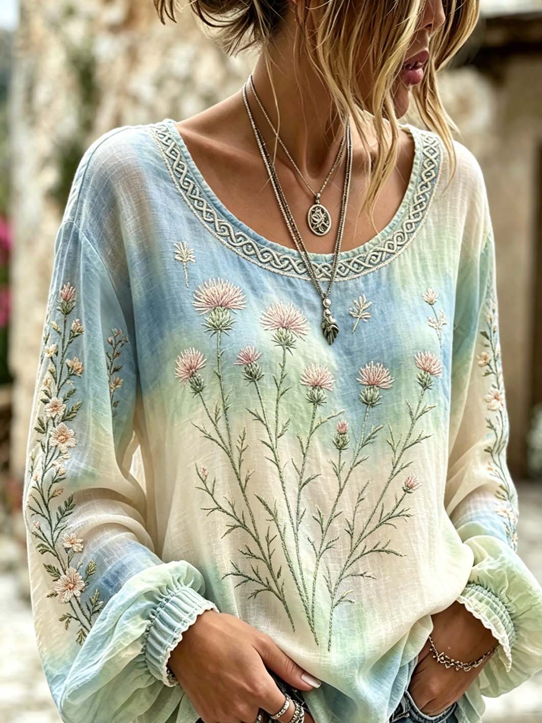 Women's retro Scottish Thistle flower pattern printed cotton and linen shirt