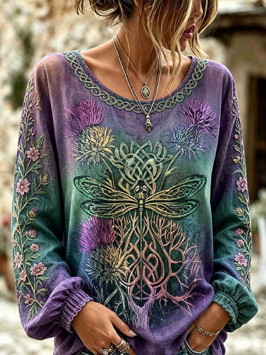 Women's retro Scottish Thistle flower and dragonfly pattern printed cotton and linen shirt