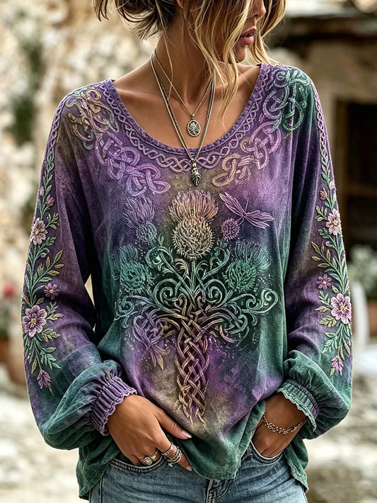 Women's retro Scottish Thistle flower and dragonfly pattern printed cotton and linen shirt