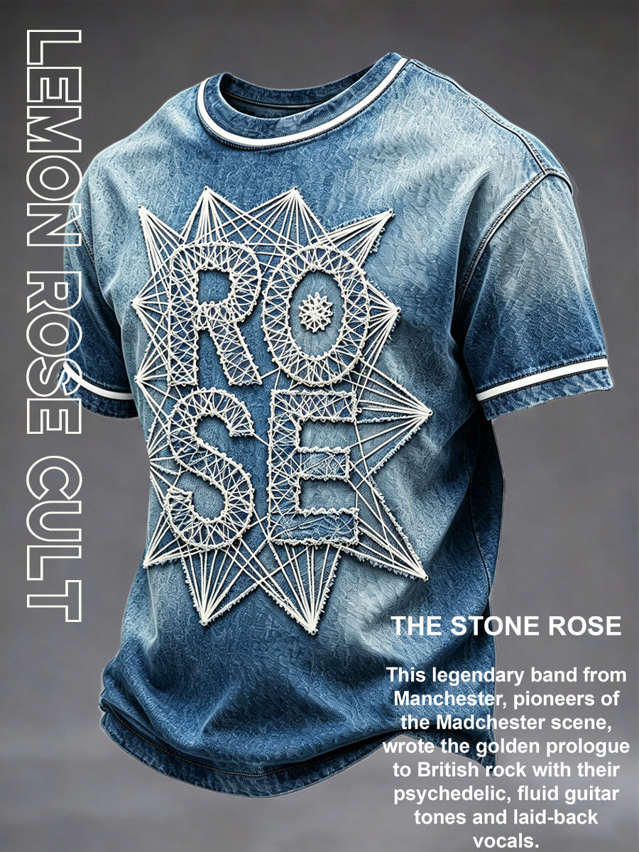 Men's The Stone Rose Band Denim-Effect 3D Print Casual T-Shirt