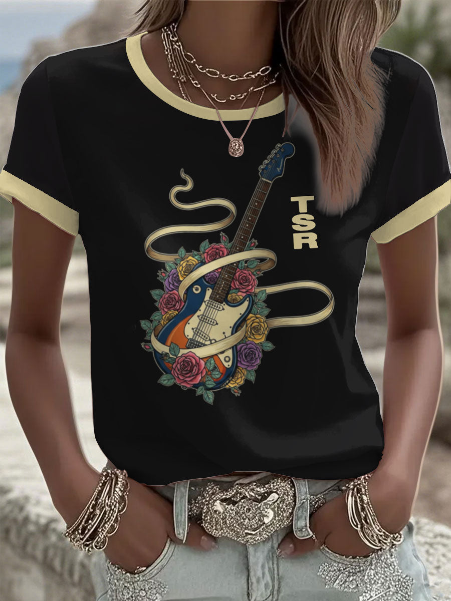 Women's Lemon Roses Music Lover Printed short-sleeved T-shirt