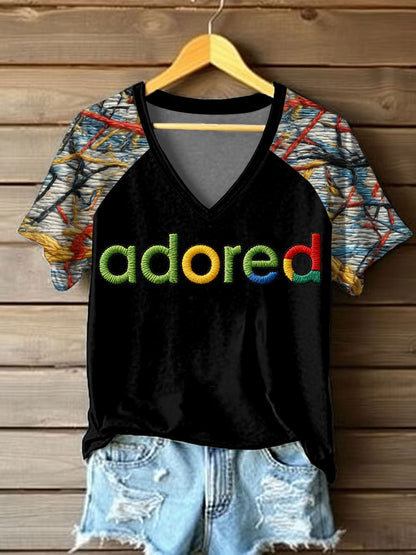 Women's Lemon Roses Music Lover Printed V-neck off-shoulder short-sleeved T-shirt