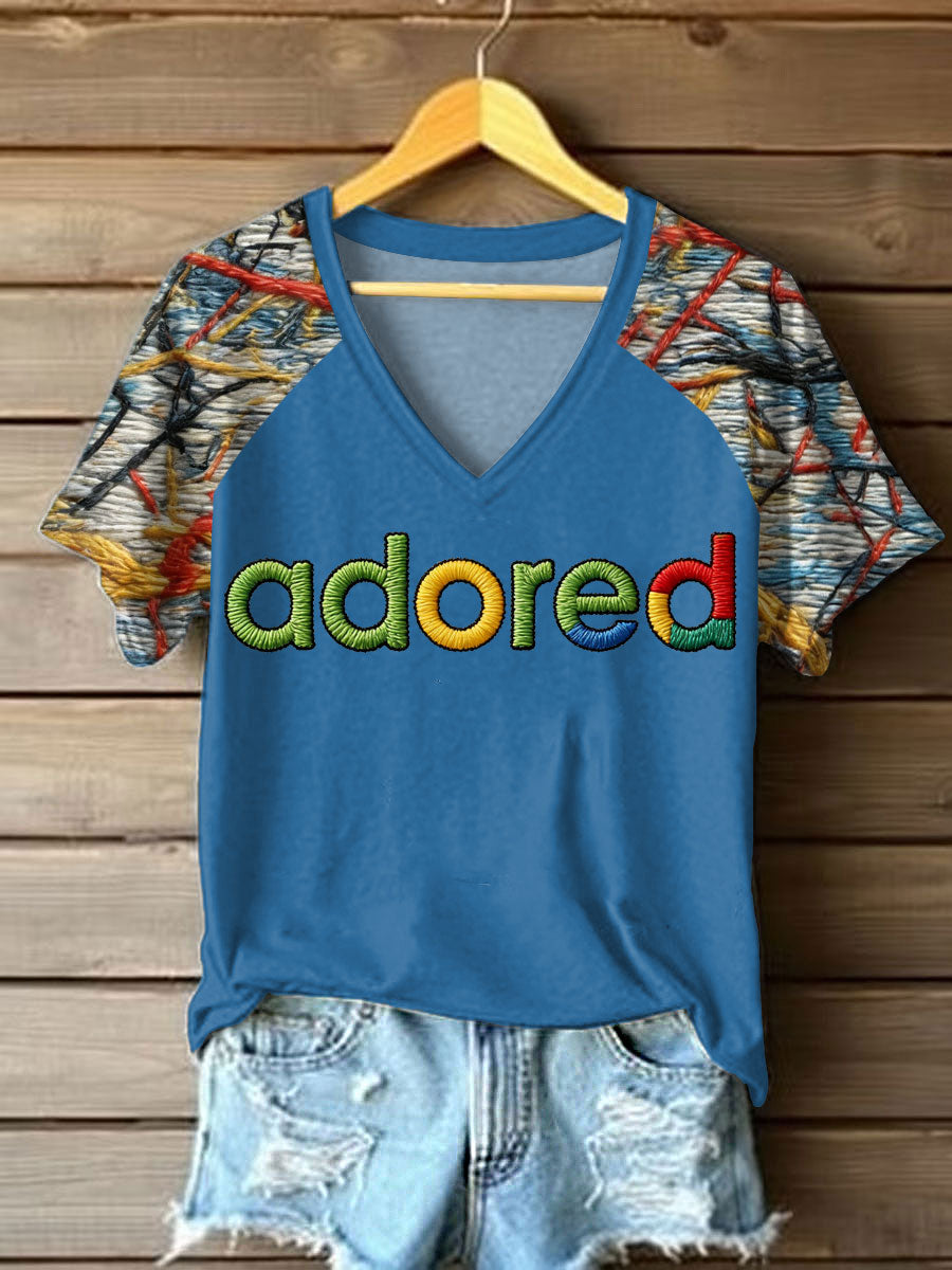 Women's Lemon Roses Music Lover Printed V-neck off-shoulder short-sleeved T-shirt