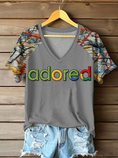 Women's Lemon Roses Music Lover Printed V-neck off-shoulder short-sleeved T-shirt