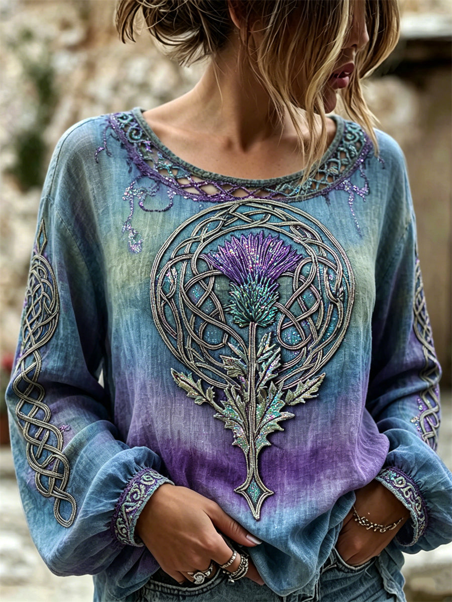 Women's Classy Thistle Celtic Knot Print Gradient Color Cotton-Linen Shirt
