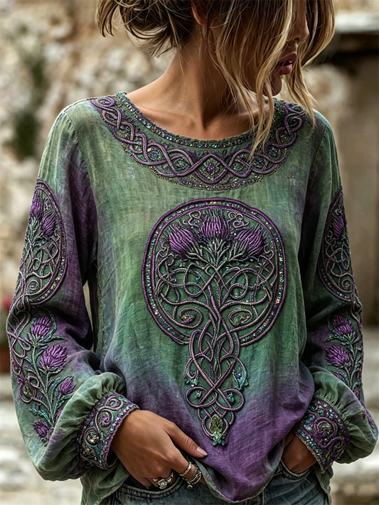 Women's Vintage Classy Thistle Celtic Knot Gradient Print Cotton-Linen Shirt