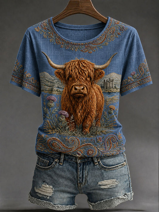 Women's Highland Denim Plaid Print T-shirt