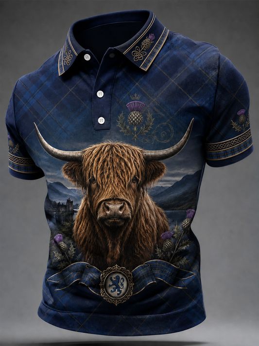 Men's Scottish Highland cow print polo shirt