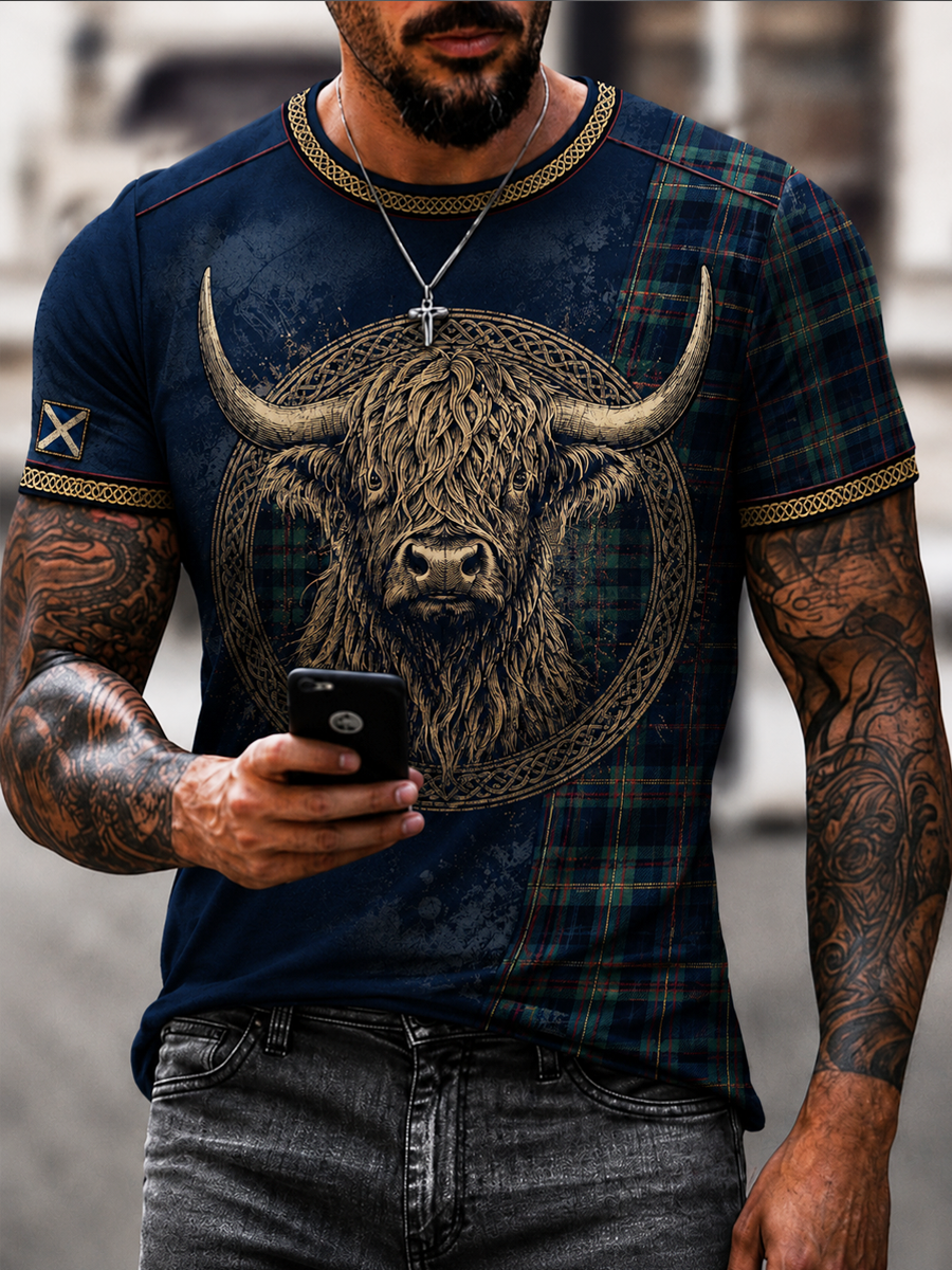 Men's Scottish Highland cow print short sleeves t-shirt