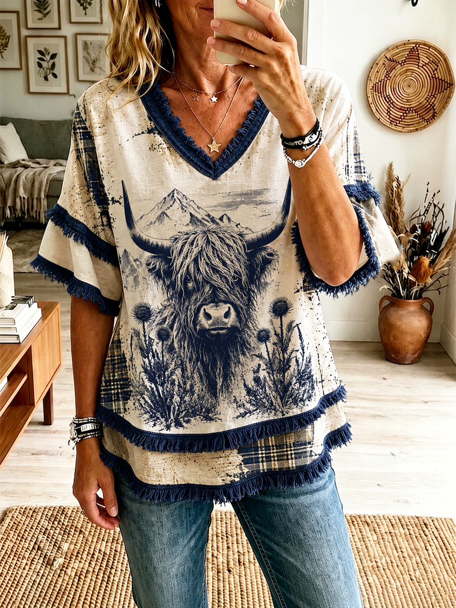 Women's Scottish Highland cow print Cotton-Linen Shirt