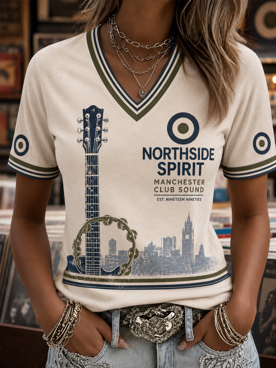Women's Retro Rock Band Print Casual V-Neck Tee