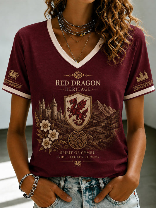 Women's Welsh Dragon Printed V-neck T-shirt