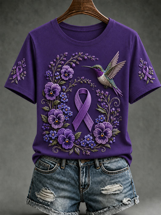 Women's Purple Floral & Hummingbird Print Alzheimer's Awareness Support Short Sleeve T-shirt