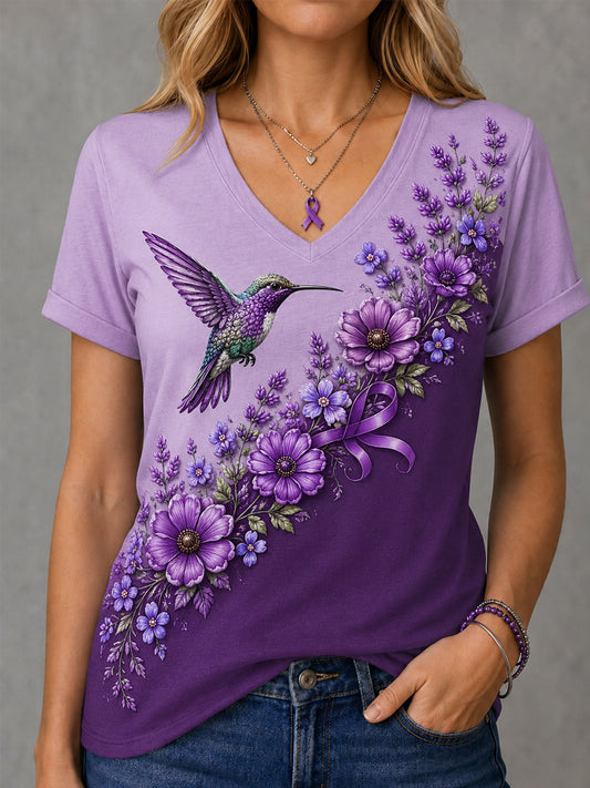 Women's Purple Floral & Hummingbird Print Alzheimer's Awareness Support V-Neck Tee