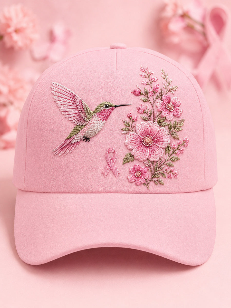 Unisex Pink Floral & Hummingbird Print Breast Cancer Awareness Support Hat