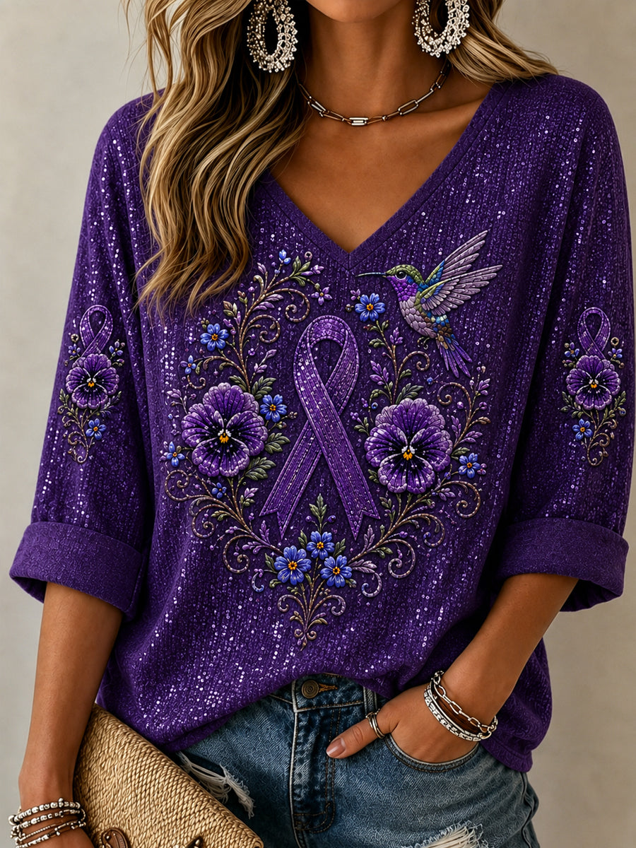 Women's Purple Floral & Hummingbird Print Alzheimer's Awareness Support Mid-length Sleeves V-Neck Top