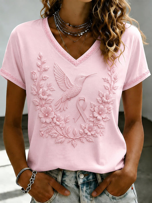 Women's Breast Cancer Pink Flowers Printed V-neck T-shirt