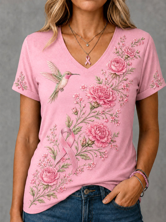 Women's Pink Floral & Hummingbird Print Breast Cancer Awareness Support V-Neck Tee