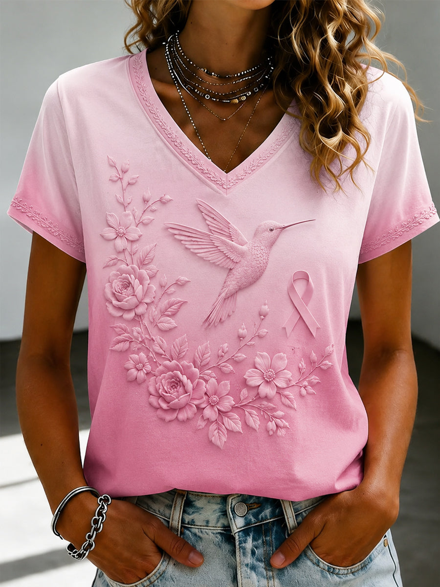 Women's Breast Cancer Pink Flowers Printed V-neck T-shirt