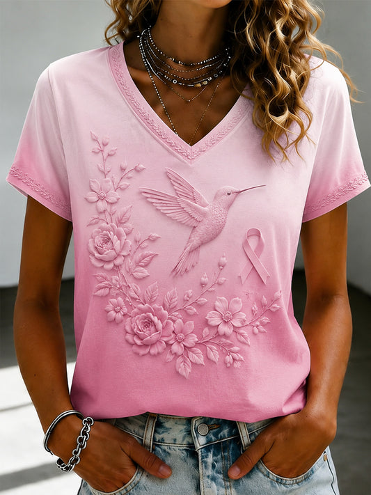 Women's Breast Cancer Pink Flowers Printed V-neck T-shirt