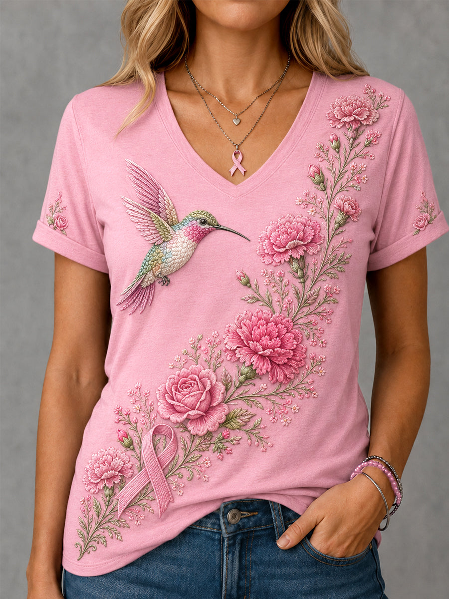 Women's Pink Floral & Hummingbird Print Breast Cancer Awareness Support V-Neck Tee