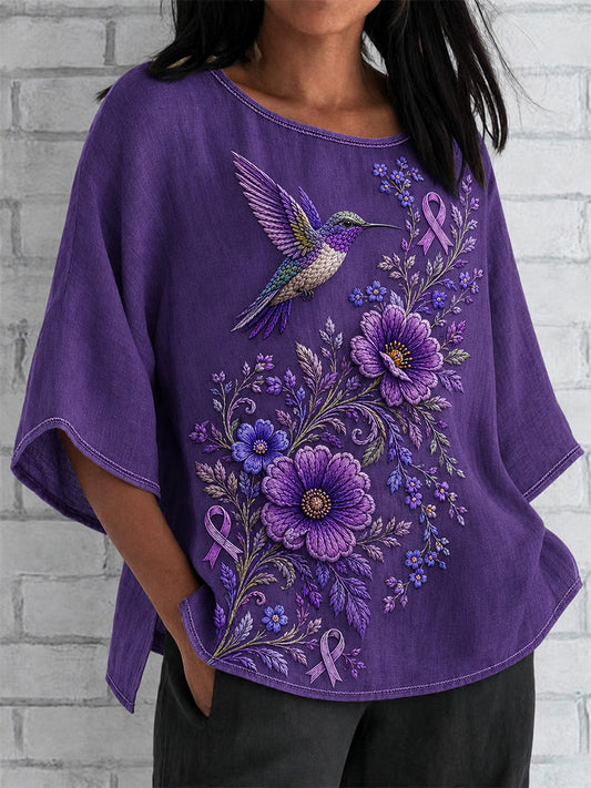 Women's Purple Floral & Hummingbird Print Alzheimer's Awareness Support Shirt