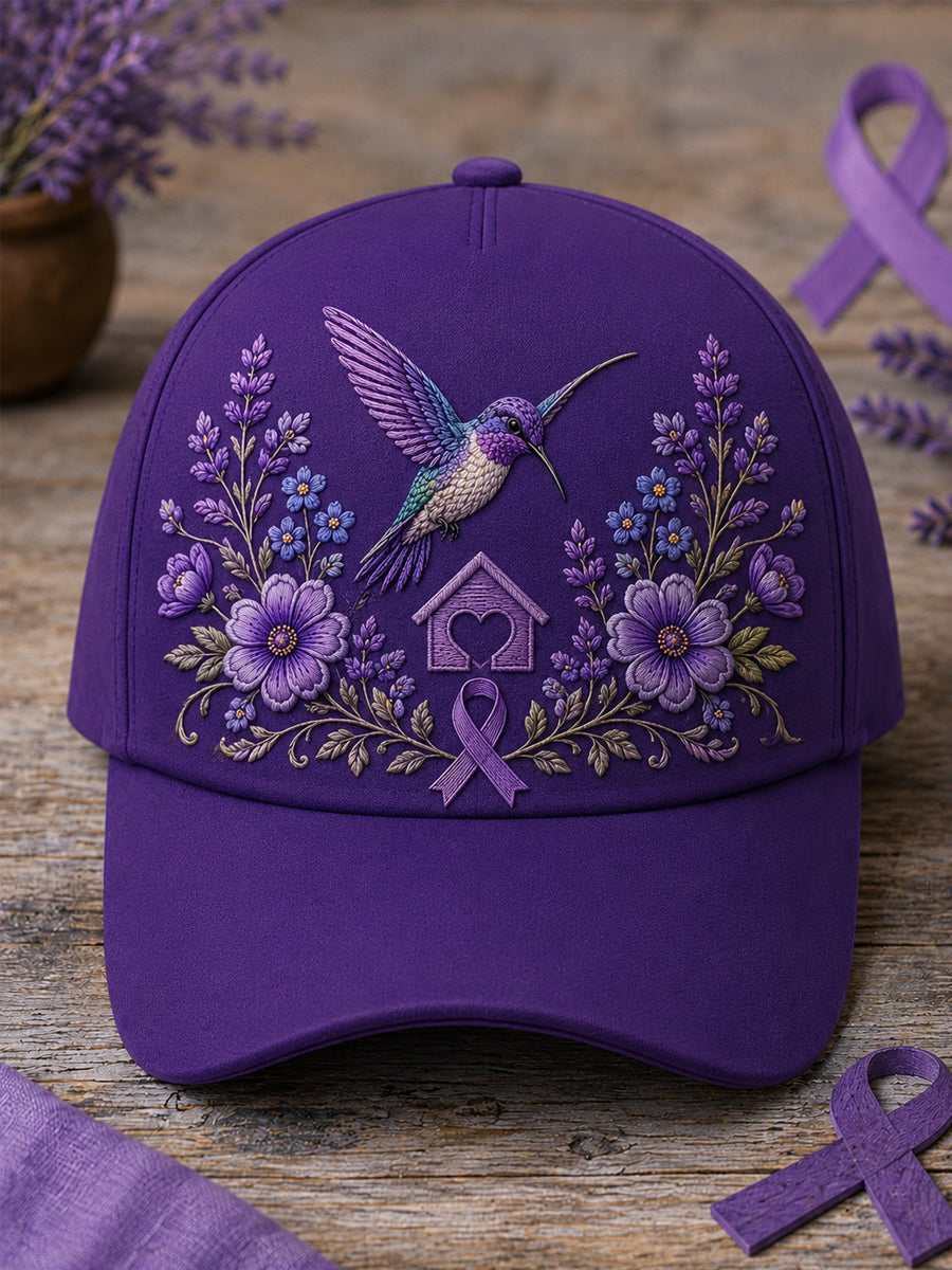 Unisex Purple Floral & Hummingbird Print Alzheimer's Awareness Support Hat