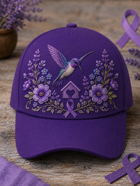 Unisex Purple Floral & Hummingbird Print Alzheimer's Awareness Support Hat
