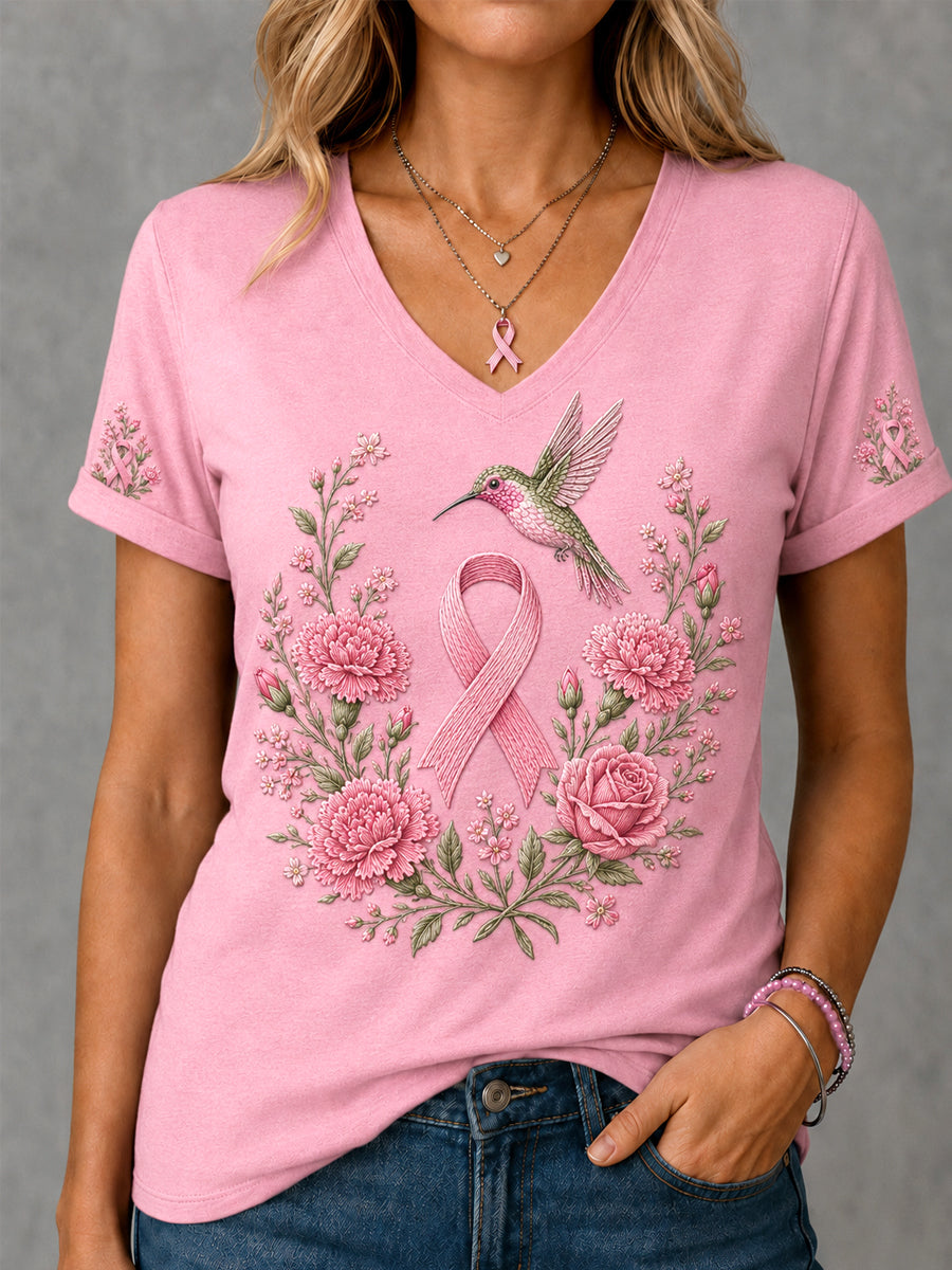 Women's Pink Floral & Hummingbird Print Breast Cancer Awareness Support V-Neck Tee