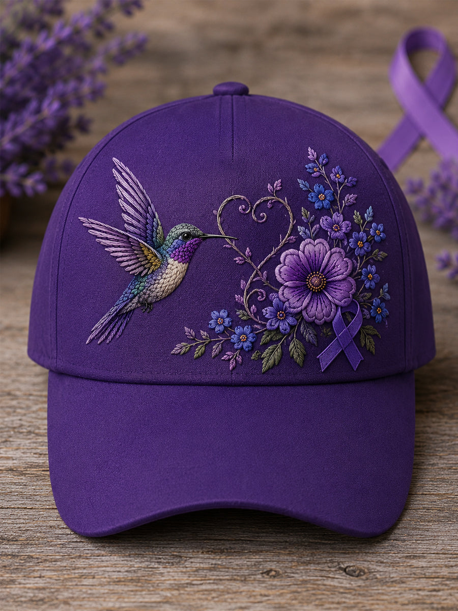 Unisex Purple Floral & Hummingbird Print Alzheimer's Awareness Support Hat