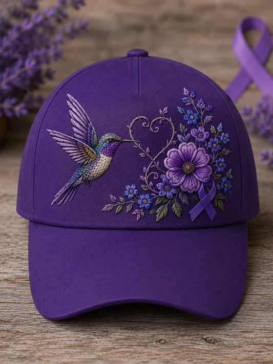 Unisex Purple Floral & Hummingbird Print Alzheimer's Awareness Support Hat